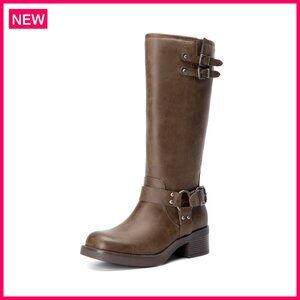 Women's Knee High Combat Boots Chunky Heel Side Zipper Buckle Straps